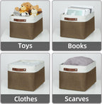 HNZIGE Fabric Storage Baskets (3 Pack) - Decorative Foldable Shelf Baskets with Leather Handles for Organizing Clothes (Brown & White, 15" x 11" x 9.5")