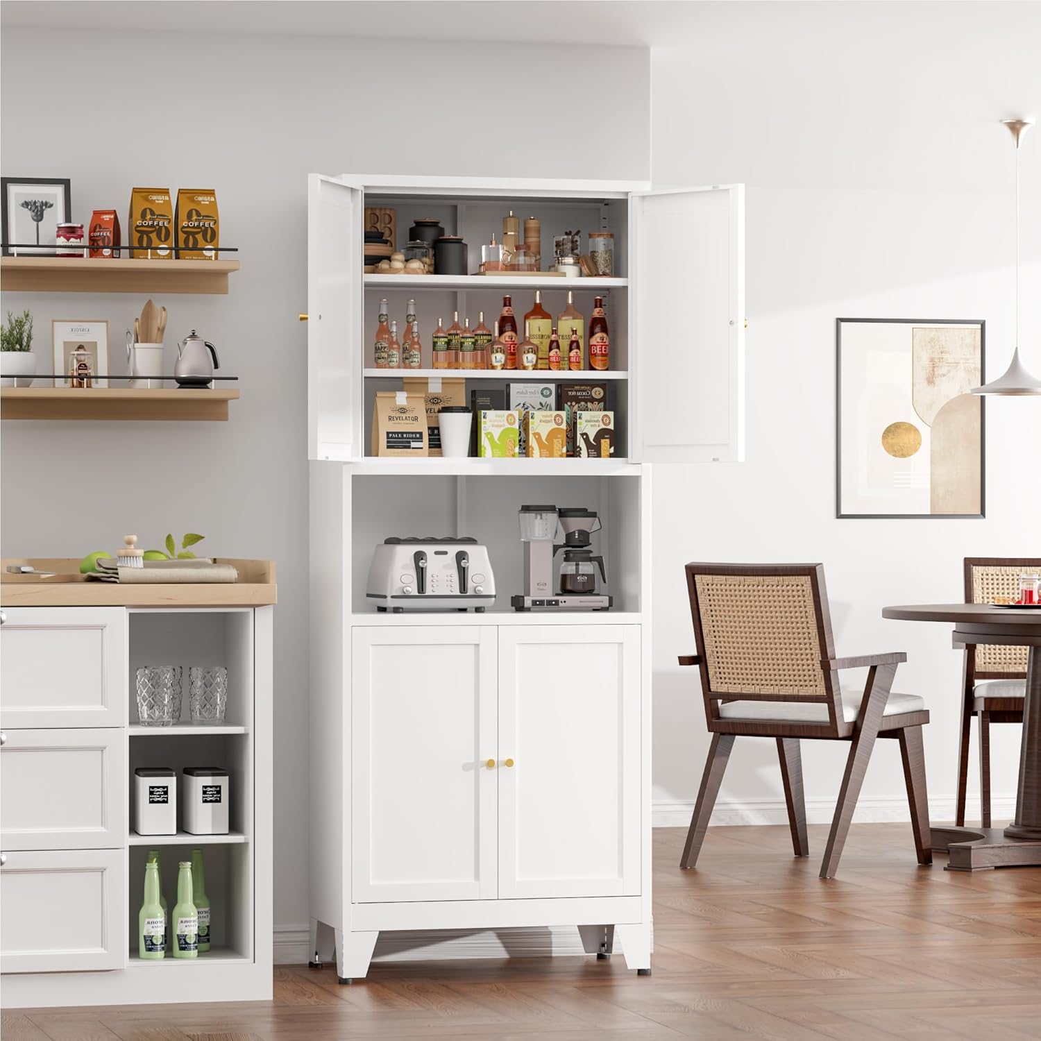 COFaR 69" Metal Pantry Cabinet,Metal Storage Cabinet with 2 Glass Doors | Tall Kitchen Pantry with Doors and Shelves, Microwave Shelf, Freestanding Cupboard for Kitchen, Dining Room, Bathroom, White