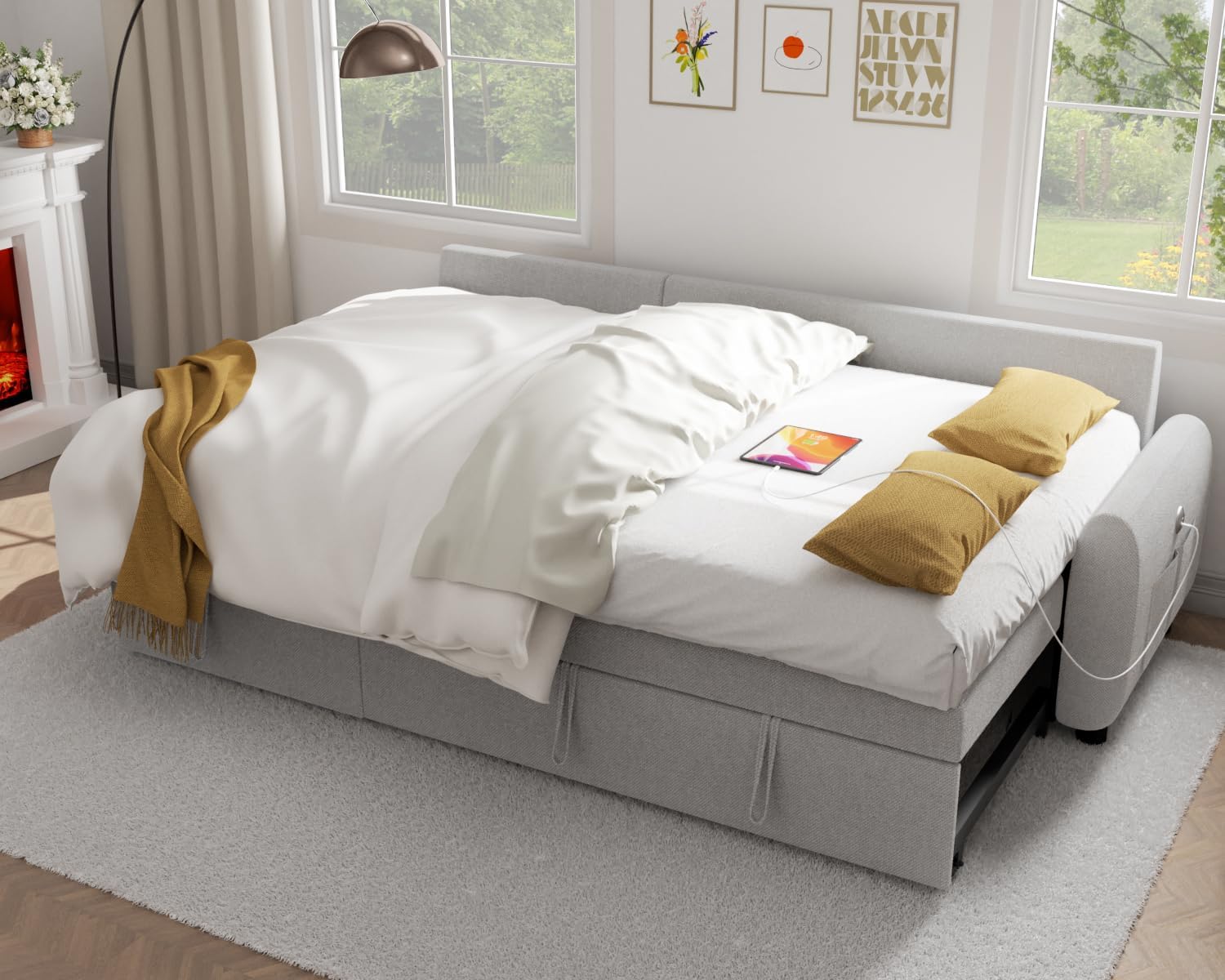 86" Sleeper Sofa Bed, Pull Out Couch Bed with Reversible Storage Chaise, Sectional Couches for Living Room with Side Pocket | Charging Station | Removable Backrest | Prime Linen, Light FGrey