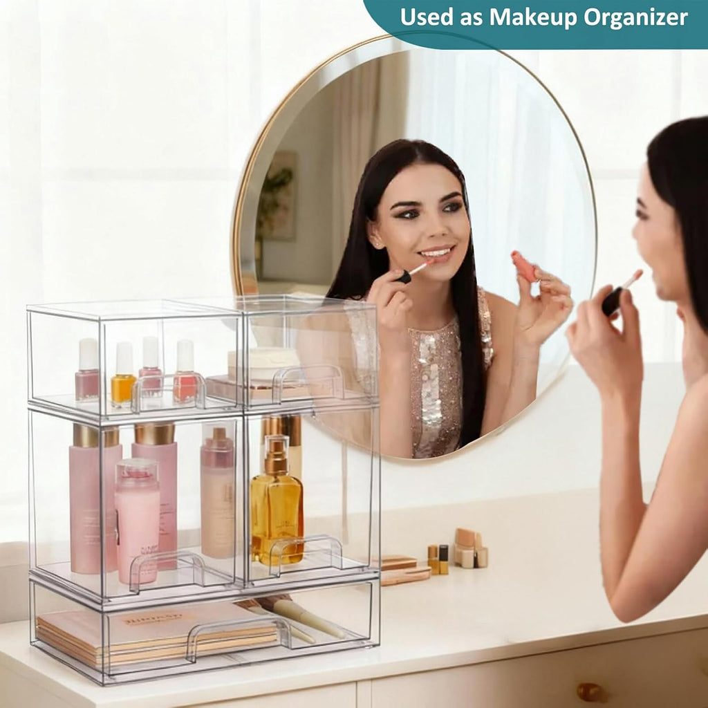 Baby Bottle Organizer for Countertop Food-grade Acrylic Storage for Cabinet | Set of 5 Clear Stackable Organizers with Drawers for Bottles, Plastic Baby Station Organization for Pacifiers, Pump Parts