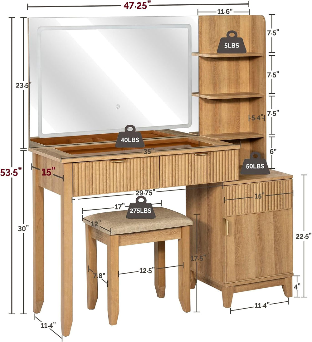 Vanity Desk with Stool, Mirror and Lights 3 Color, Makeup Vanity with Power O...