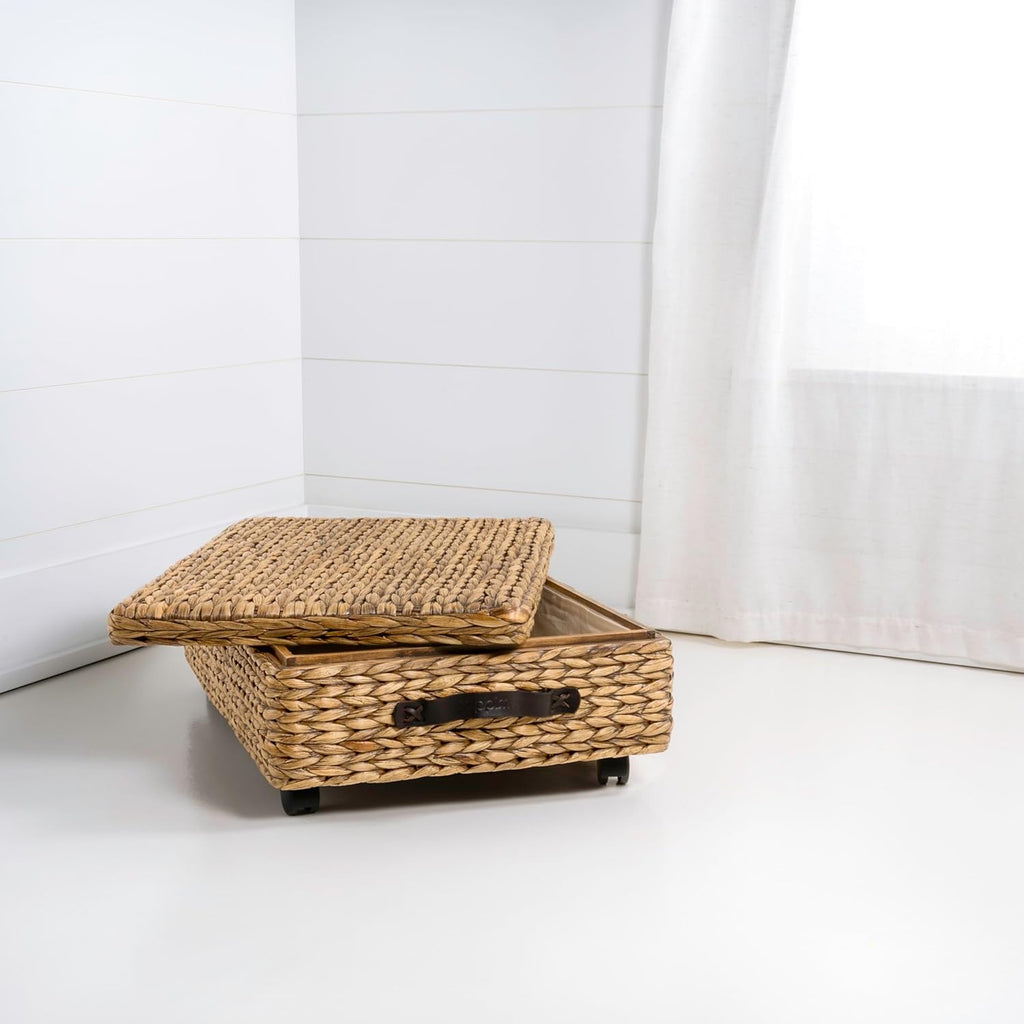 happimess BSK1006A 26.38" Chett Minimalist Hand-Woven Hyacinth/Wood Underbed Storage Bin with Wheels and Handles for Storage and Decoration in Bathroom, Bedroom, Closet, Entryway, Guest Room, Natural