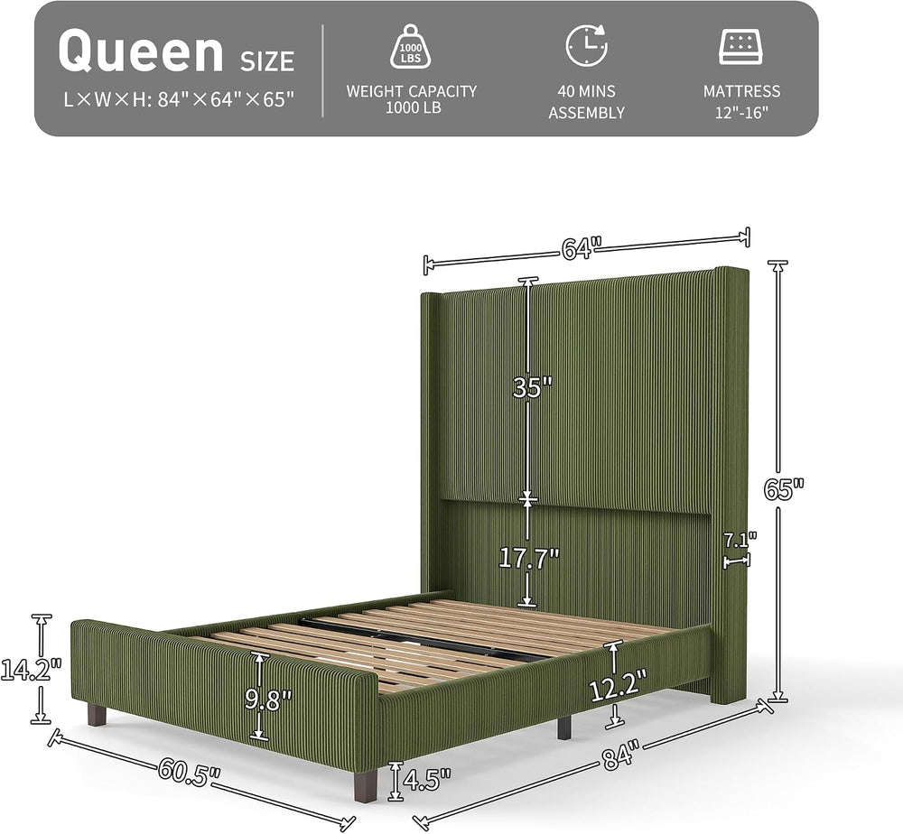 Queen Size Corduroy Upholstered Bed Frame with 65" Tall Headboard,USB Ch...