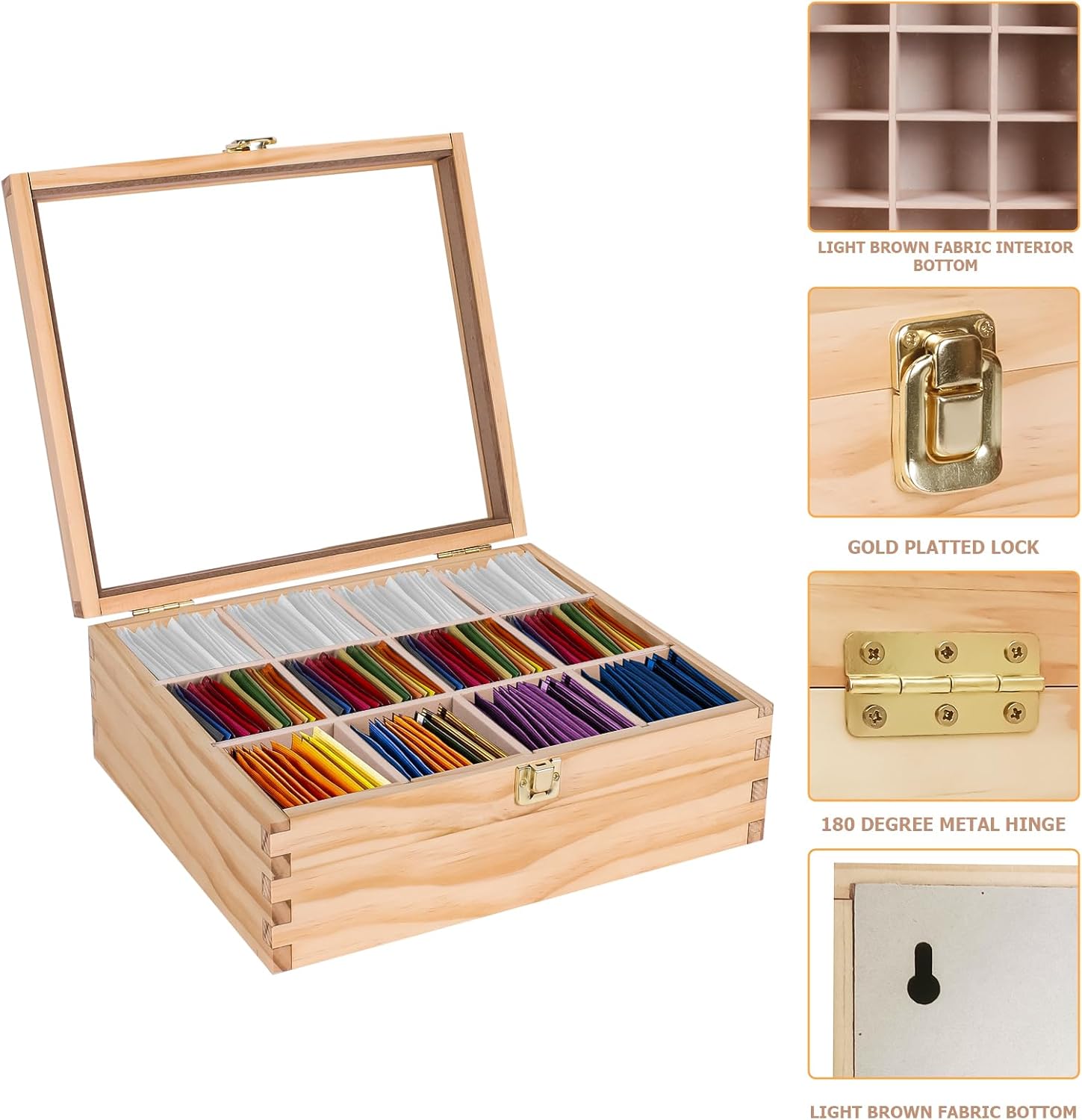 LI.TOPWP Pine Wood Tea Bags Organizer, 12 Compartments Storage Box with Clear Acrylic Window, Multi-Functional Tea Bags Holder for Countertop, Kitchen Cabinet.