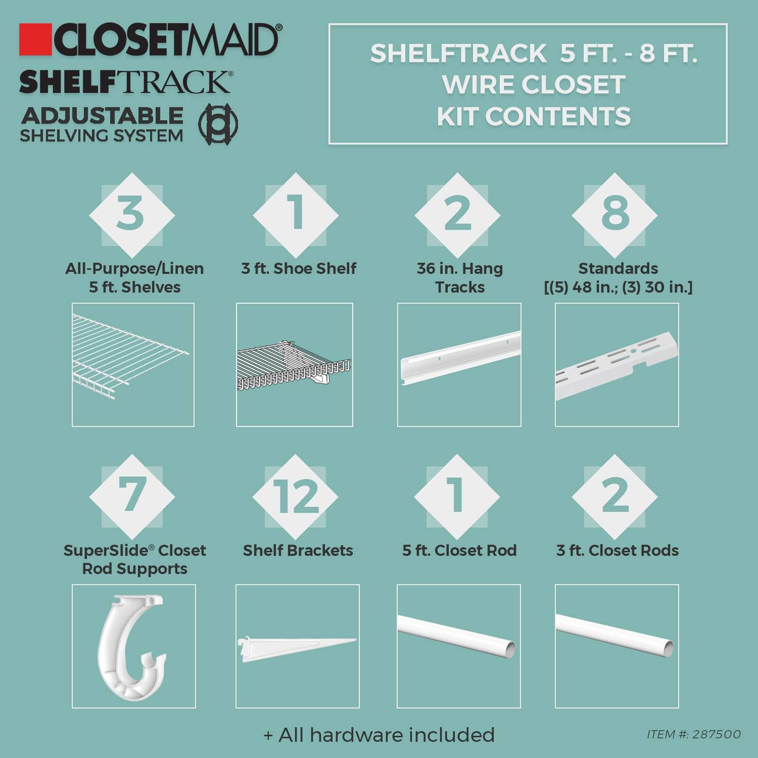 ClosetMaid ShelfTrack Wire Closet Organizer System, Adjustable from 5 to 8 Ft., with Shelves, Clothes Rods, Shoe Shelf, Hardware, Durable Steel, White