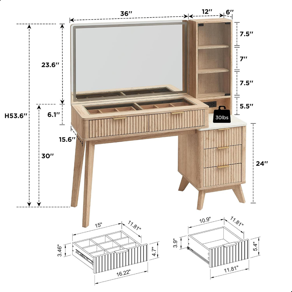 T4TREAM 48" Fluted Makeup Vanity Desk with 36" Lighted Mirror, Oak ...