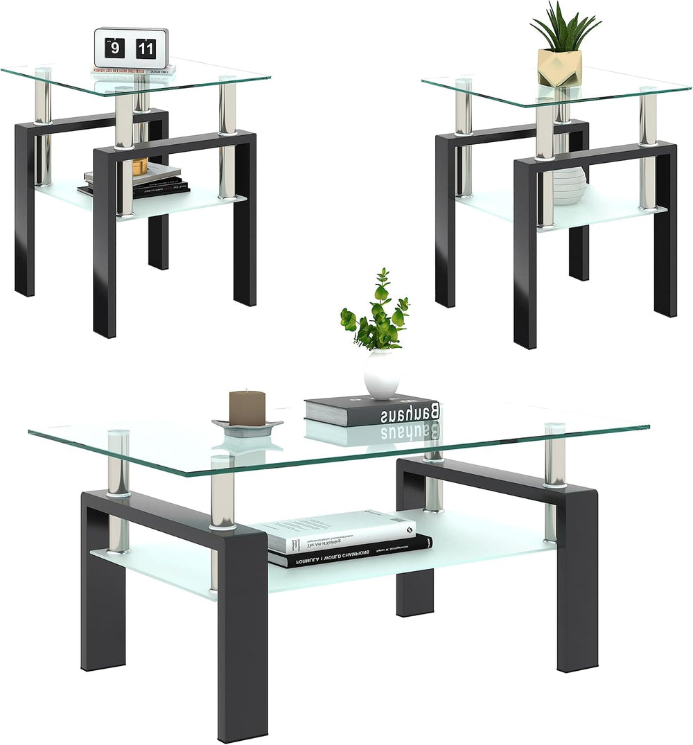 Living Room Tables Set,3 Piece Glass Coffee Table and End Tables Set for Livi...