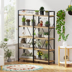 FATORRI Bookshelf, 5 Tier Industrial, Tall Etagere Bookcase, Rustic Wood and Metal Book Shelf with Large Open Shelving Unit for Home Office Living Room (Rustic Oak, 51 Inch Wide)