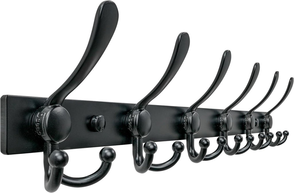 Dseap Coat Rack Wall Mount 2.0 Pro: 24” Long, 3X Tougher, Heavy Duty Stainless Steel Wall Coat Hanger with 6 Tri Hooks for Clothes Jackets Hats Entryway Closet, Black