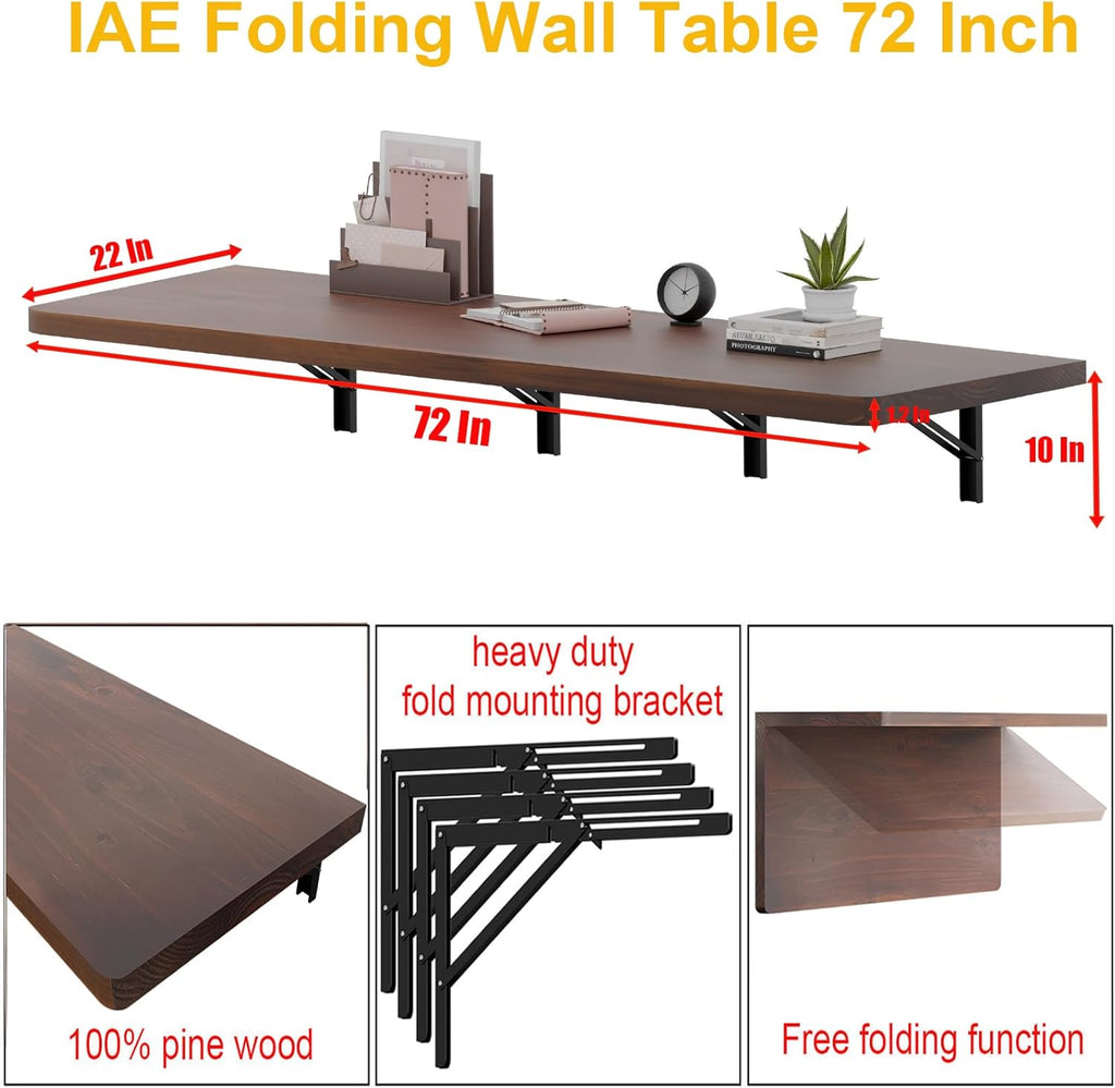 IAE Floating Wall Mounted Folding Table Desk with Pine Wood,72" x 22" Foldable Workbench,Fold Down Wall Mounted Foldable Desk with Shelf Brackets,Laundry Folding Table for Home,Dining,Kitchen,Brown