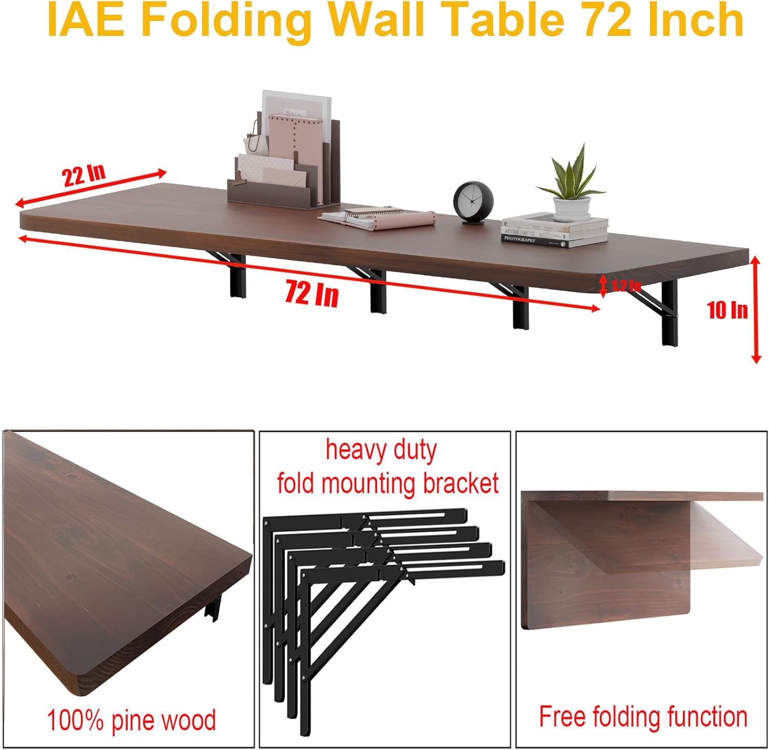 IAE Floating Wall Mounted Folding Table Desk with Pine Wood,72" x 22" Foldable Workbench,Fold Down Wall Mounted Foldable Desk with Shelf Brackets,Laundry Folding Table for Home,Dining,Kitchen,Brown