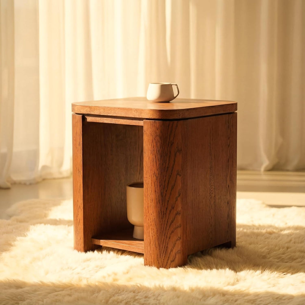 Ovelo End Table Solid Wood Oak Side Table with Storage Shelf, Modern Small Ac...