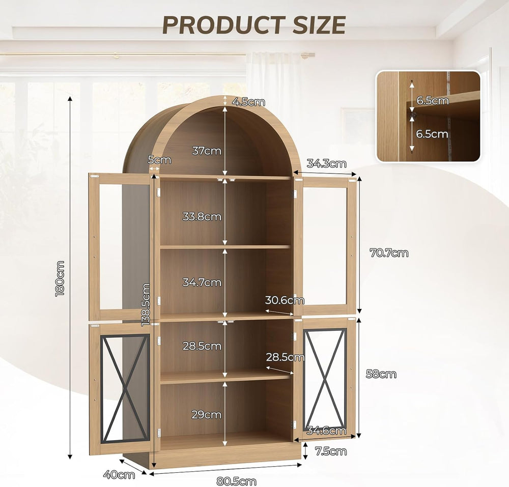 71” Tall Arched Kitchen Pantry with X-Pattern Glass Doors & RGB Lighting,...