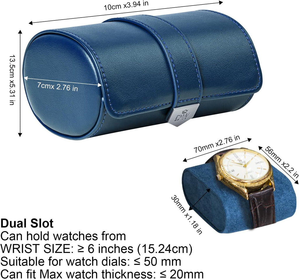 DUKWIN Watch Roll for 2 Watches,Vegan Leather Travel Watch Case Organizer with Removable Pillows for Men and Women,Display Case for Watches Collection and Gift for Anniversary Birthday(Blue Storage)