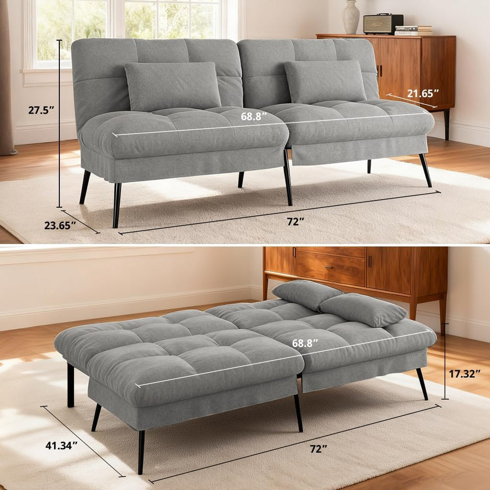 COMHOMA 72″ Convertible Futon Sofa Bed, Adjustable Backrest, Grey | Breathabl...