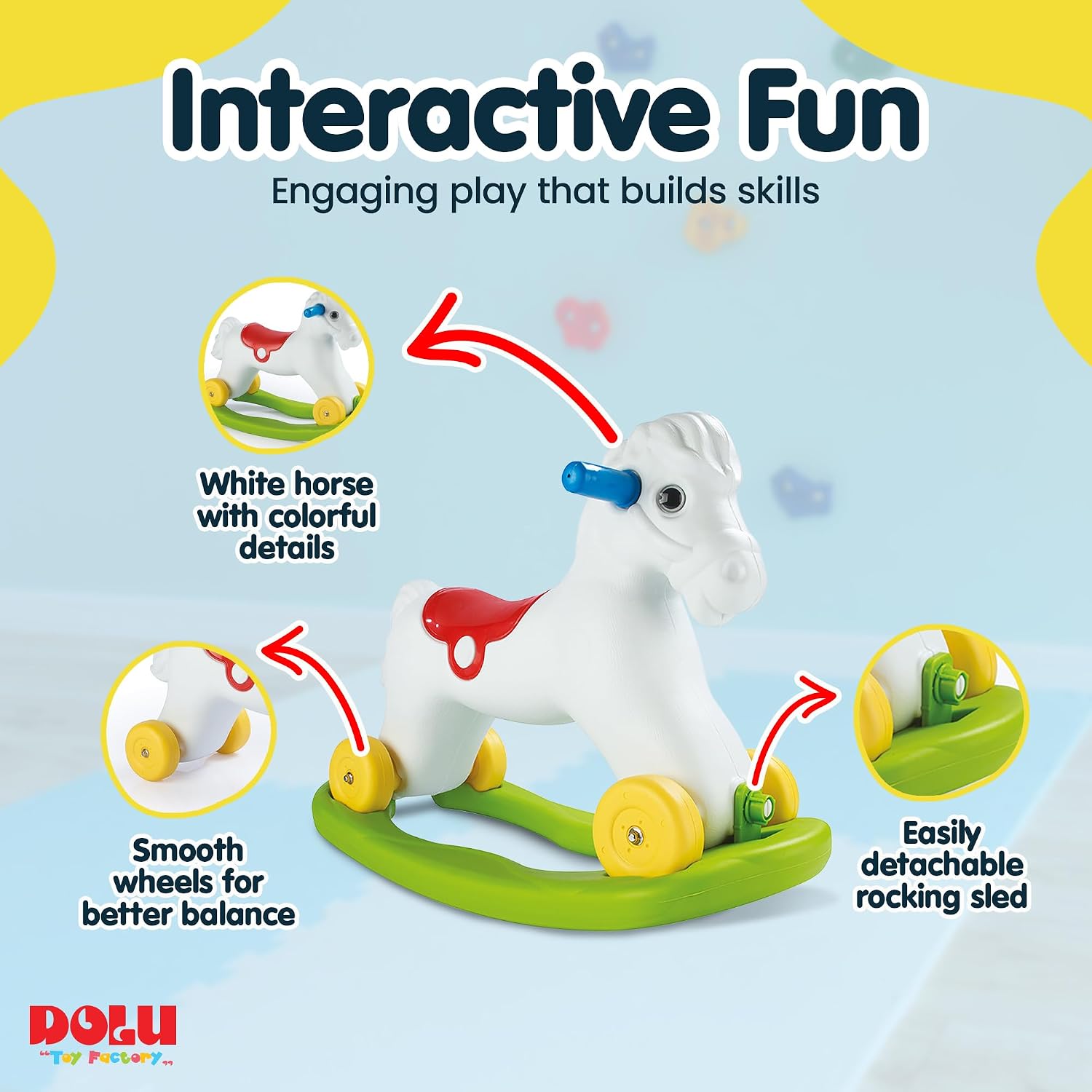 Dolu Wheeled Rocking Horse 2 in 1 Toddler Ride On Toy with Removable Sled and Push Along Option for Kids Ages 2 and Up, Indoor and Outdoor Play, White