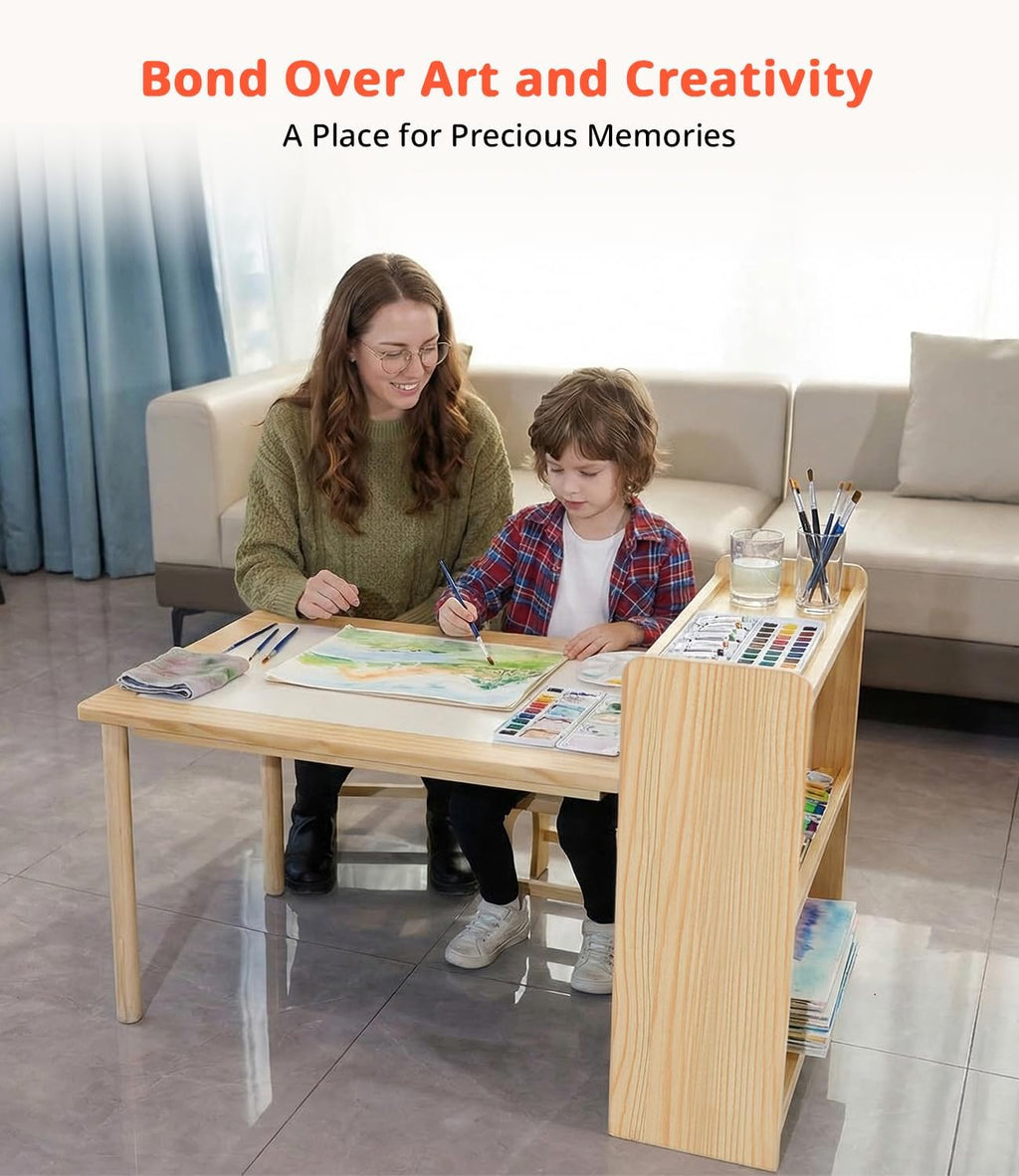 JOIN&JOY Kids Art Table and 2 Chair Set, Multifunctional Craft Table with Storage Shelves, Toddler Activity for Creativity, Drawing, Learning & Playtime | Toddler Activity Desk for Creativity, Drawing, Learning & Playtime