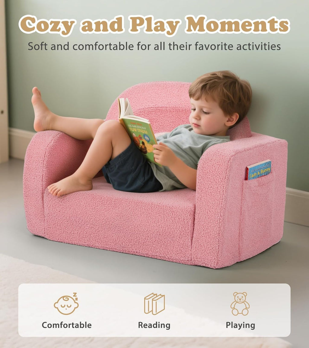 Foryoomi Kids Couch, 2-in-1 Soft Toddler Couch Fold Out with Blanket, Comfy Toddler Chair, Convertible Sofa, Gifts for Kids Girl Boys, Medium Pink Rainbow