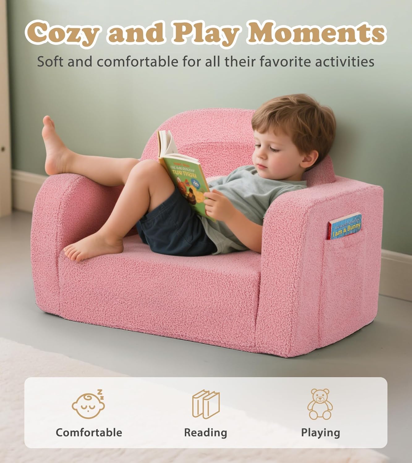 Foryoomi Kids Couch, 2-in-1 Soft Toddler Couch Fold Out with Blanket, Comfy Toddler Chair, Convertible Sofa, Gifts for Kids Girl Boys, Medium Pink Rainbow