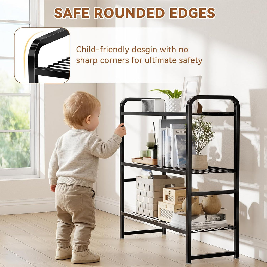 3 Tier Simple Shelf Organizer for Indoor Outdoor, Waterproof Heavy Duty Steel Shelving Unit Plant Stand for Living Room Bathroom Balcony Garden, Easy Assemble, Pitch Black