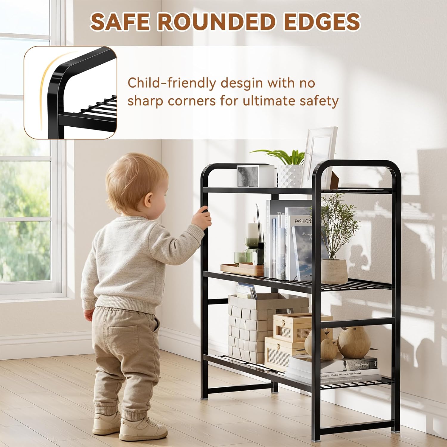 3 Tier Simple Shelf Organizer for Indoor Outdoor, Waterproof Heavy Duty Steel Shelving Unit Plant Stand for Living Room Bathroom Balcony Garden, Easy Assemble, Pitch Black