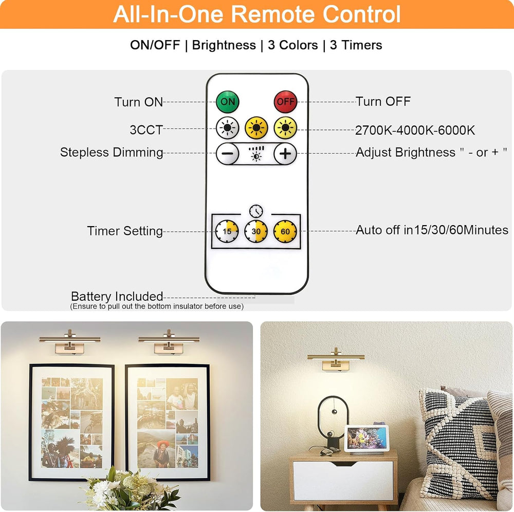 Tassuowell Rechargeable Picture Light with Remote Control,12 Inch Brass Finis...
