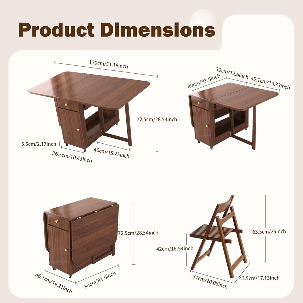 Extendable Drop Leaf Folding Dining Table with 2 Hidden Storage Drawers and 4...
