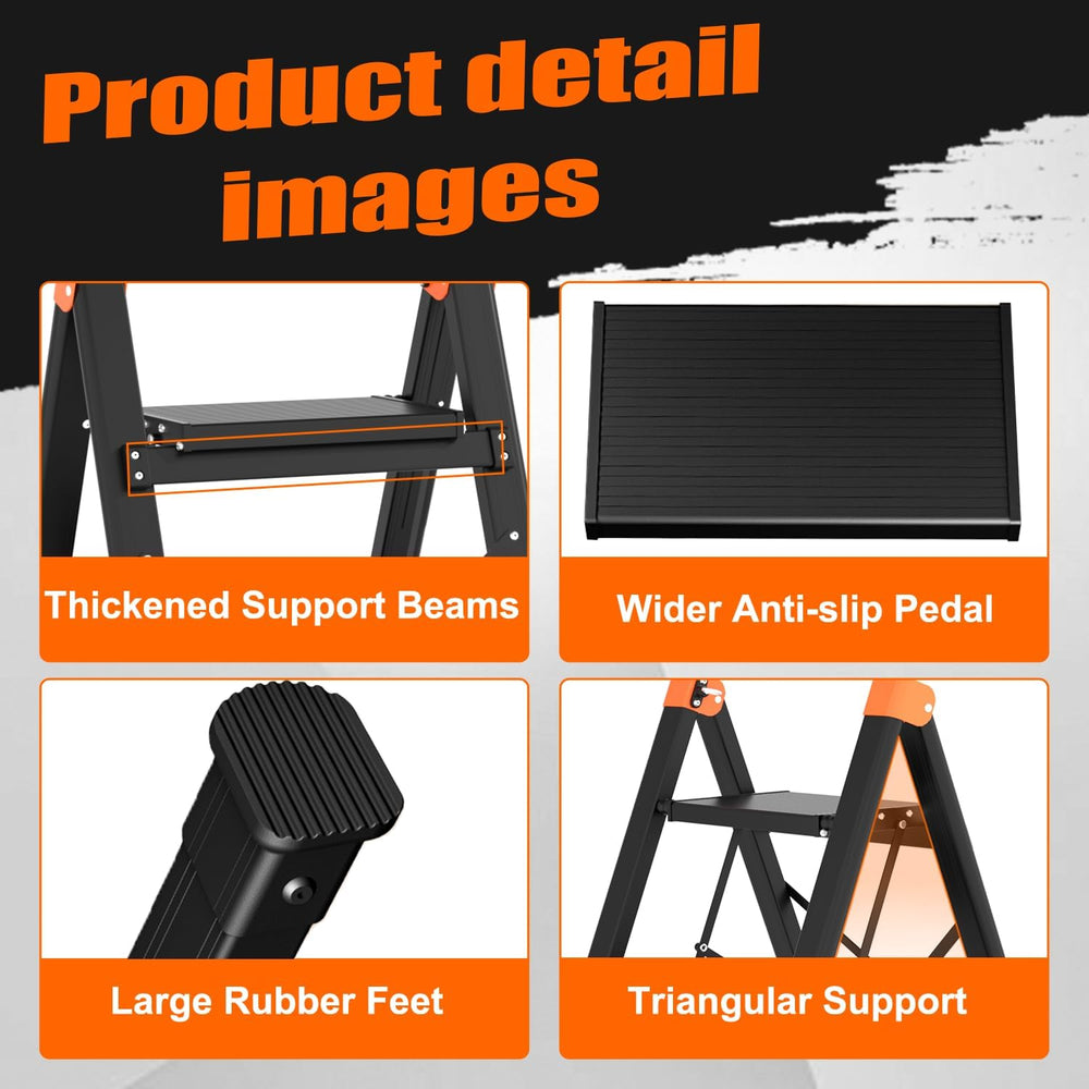 3 Step Ladder with Single Handrail, Retractable Handle 3 Folding Step Stool
