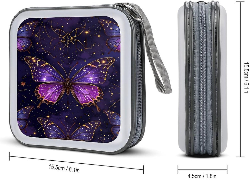 Butterfly Purple CD DVD Case Holder, 40 Disc Storage Wallet with Exclusive Printed Design, Zipper Closure And Handle for Music Movies Games Travel Car