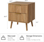 CARPETNAL Fluted Nightstand Set of 2, Walnut Bedside Table with 2 Drawers and Gold Handles, Wood End Table Mid Century Night Stands for Bedroom Living Room
