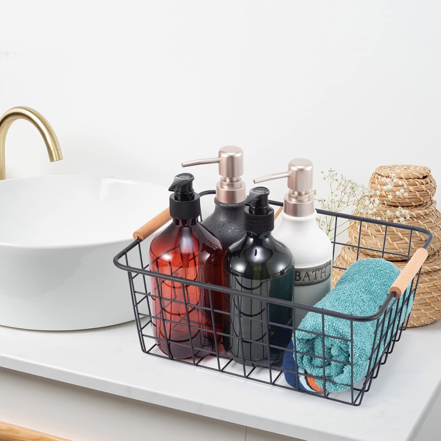 Black 2PCS Wire Storage Baskets with Wooden Handles - Organizing Pantry and Kitchen Cabinets - Metal Wire Food Storage Basket