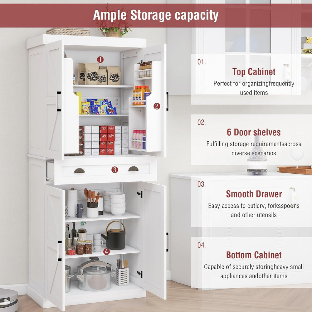 Tall Free Standing Kitchen Pantry Storage Cabinet, Wooden Farmhouse Style, De...