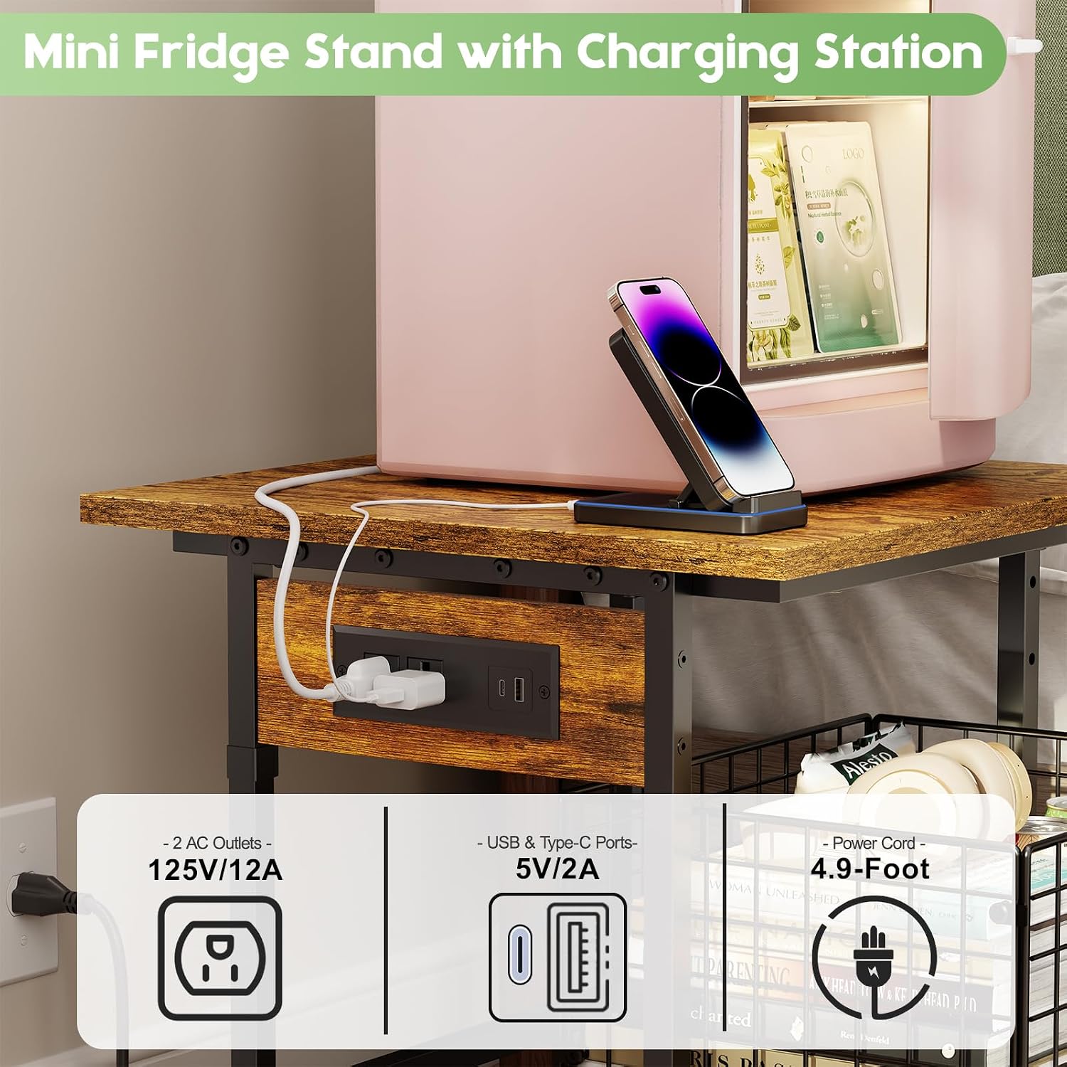 Hongtamoya Mini Fridge Stand with Storage and Power Outlet, Small Refrigerator Stand with Wheels, Mini Fridge Cart-Max Load 300 LBS Heavy Microwave Printer Stand Utility Cart for Dorm,Kitchen, Office