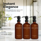 Amber Shampoo and Conditioner Dispenser Set by Brighter Barns - Body Wash and Shampoo Bottles with Pump - Refillable Plastic Shower Dispenser for Modern Bathroom Decor in Vacation Rental, Spa (Amber)