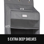 GORILLA GRIP Large Capacity Closet Organizer, 5 Deep Shelves, Holds 50lbs, Over the Door Organizers 6 Mesh Pockets, Shelf Storage for Clothes Crafts Dorm Essentials, 3 Metal Hooks, 58x15 Inches, Gray