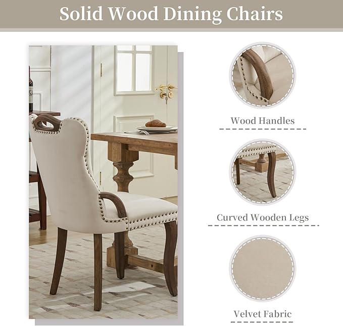 Beige Velvet Dining Chairs Set of 4，Modern Upholstered Dining Room Chairs with Tufted Back and Wood Accents, Curved Solid Wood Legs & Nailhead Trim, Sillas De Comedor Modernas 4