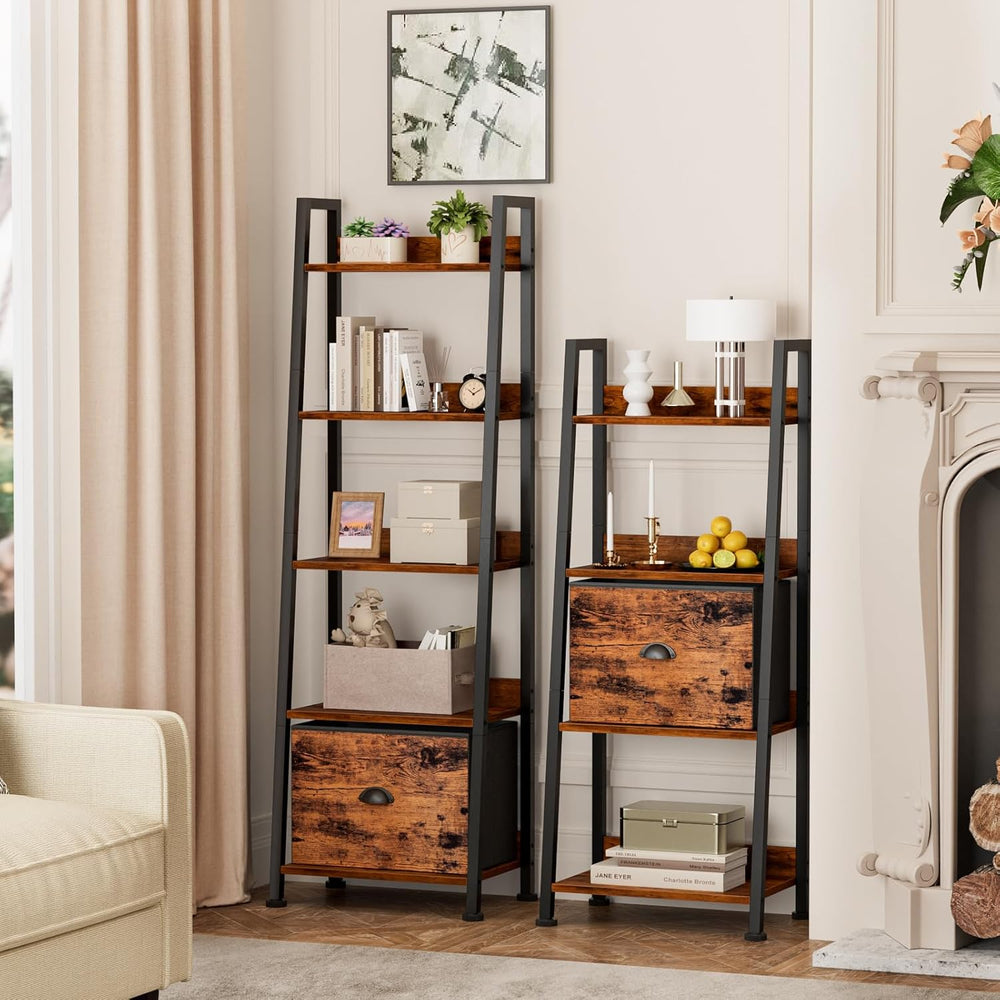 Furologee 5-Tier Ladder Shelf, Ladder Bookshelf with Removable Drawer, Rustic...