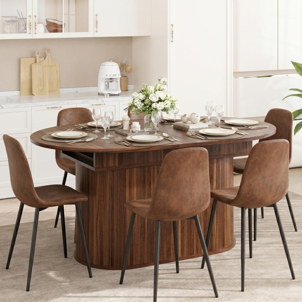 55"-71" Extendable Dining Table Set for 6, Oval Dining Room Table Set for 6, Modern Wood Kitchen Table Upholstered Chairs Set of 6, Ideal for Dining Room,Office, Space-Saving