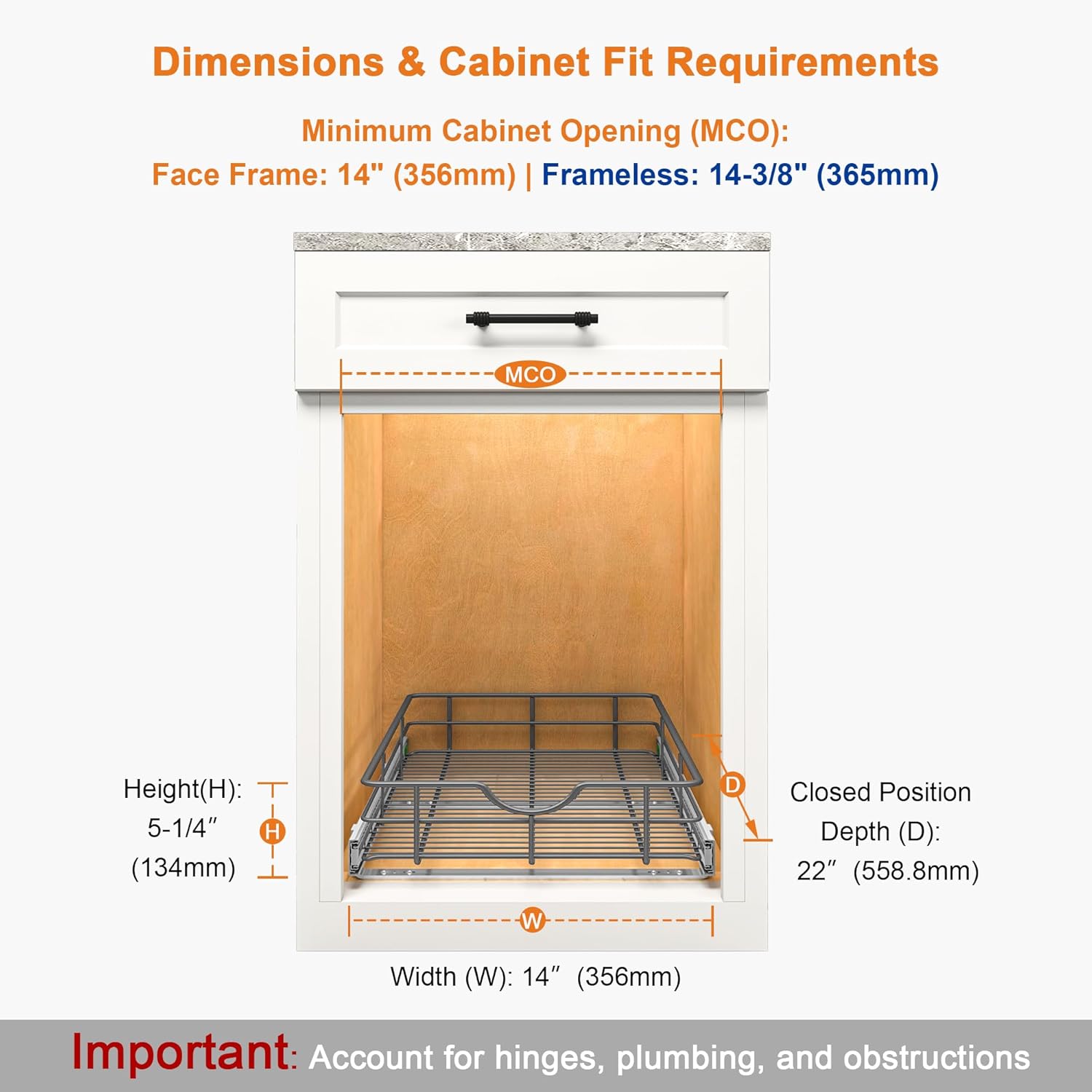 ALINE FURNITURE Pull Out Shelves - 14" W x 22" D Soft Close Pull Out Cabinet Organizer 1 Tier - Slide Out Drawers with Shelf Liner, Heavy Duty Steel Wire Baskets for Kitchen Cabinets, Pantry, Bathroom