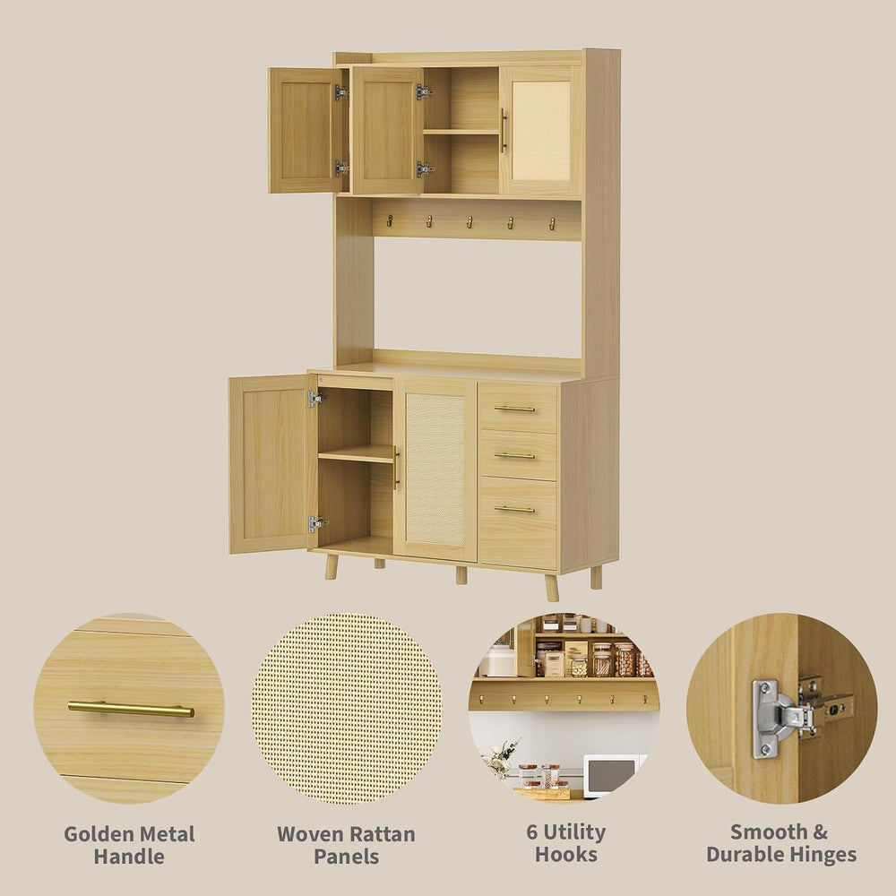 71" Tall Farmhouse Pantry Cabinet with Rattan Doors & Drawers, Frees...