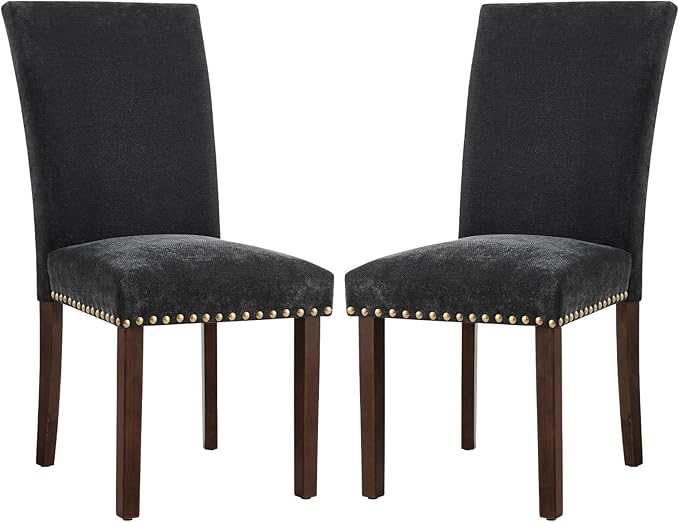 COLAMY Upholstered Parsons Dining Chairs Set of 2, Fabric Dining Room Kitchen Side Chair with Nailhead Trim and Wood Legs - F-Black