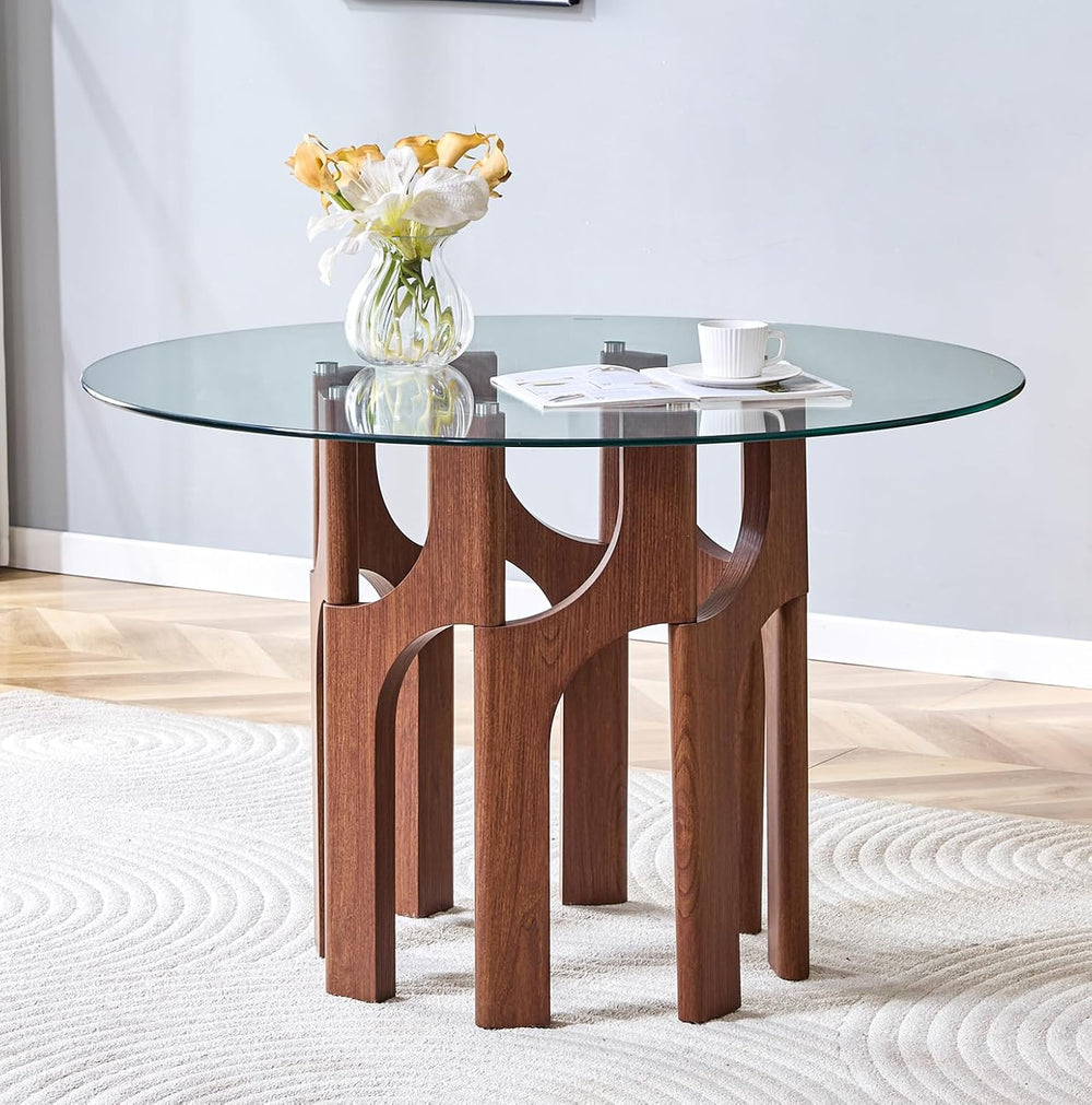 Glass Round Dining Table for 4 6 Person, 46 Inch Glass Kitchen Dining Room Ta...