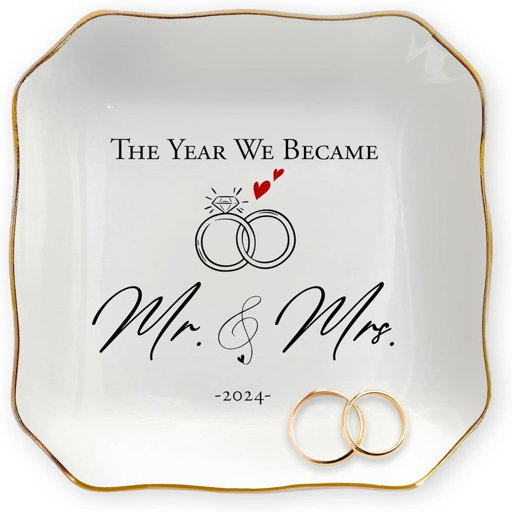 OASSIE Anniversary Wedding Gifts for Her Wife - 4"x4" Ceramic Jewelry Dish Tray - Engagement Newlyweds Couples Gifts for Women Her Wife, Mr and Mrs Decorative Trinket Dish