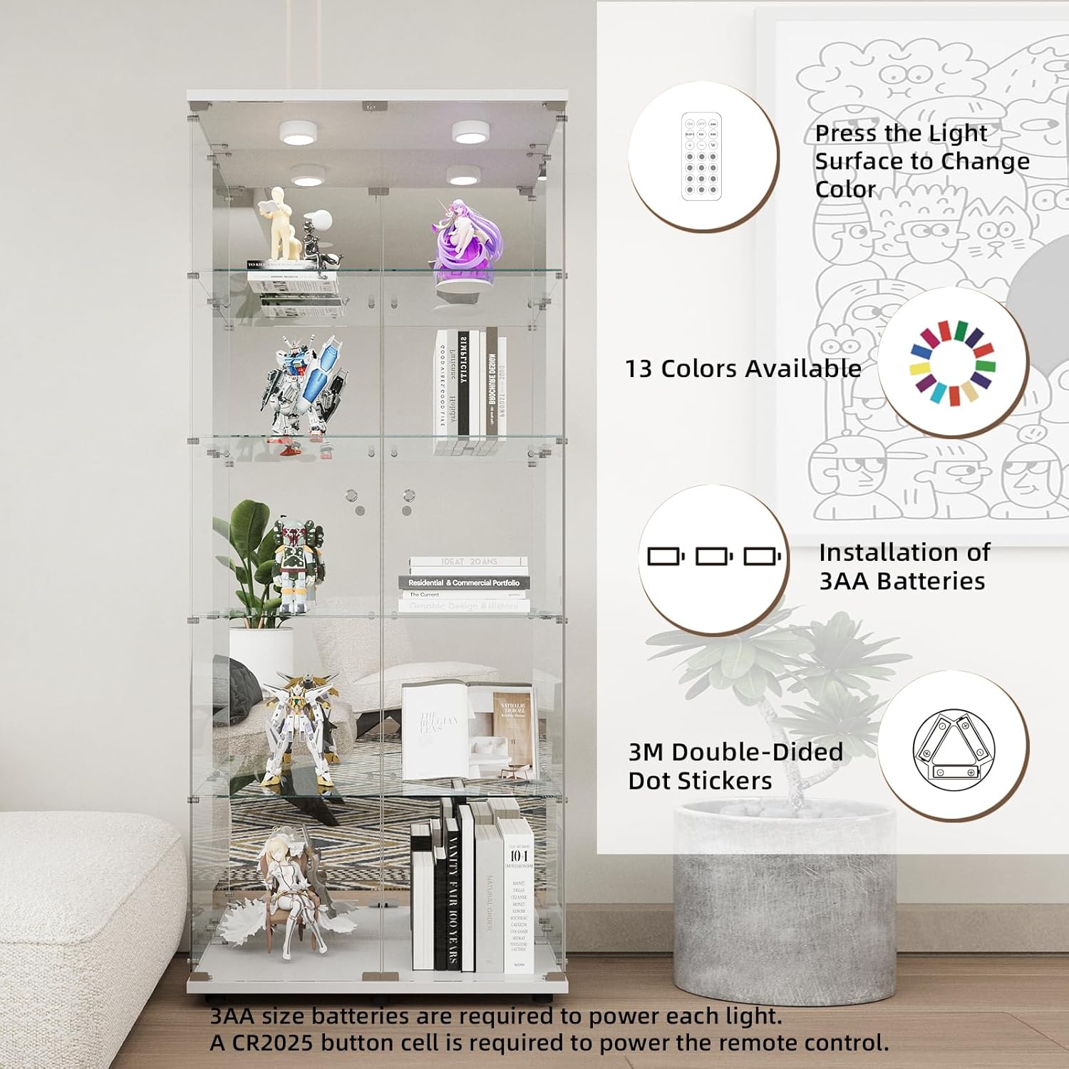Beauty4U Glass Display Cabinet with LED Lights and Mirror, 5 Shelves with 2 Doors, Curio Cabinets for Living Room, Bedroom, Office, White Floor Standing Glass Bookshelf, Quick Installation