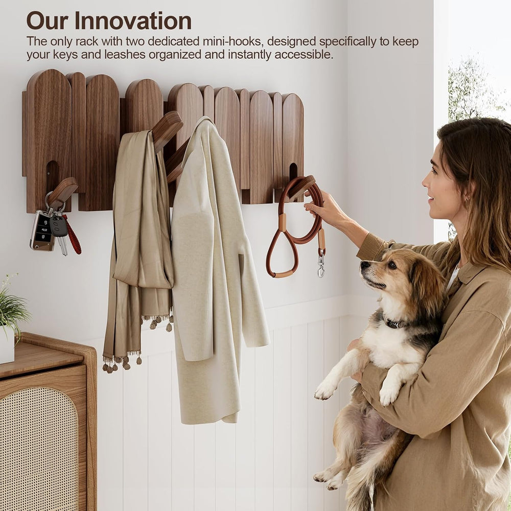 Solid Walnut Coat Rack Wall Mount 16.5",Wall Mounted Coat Rack with 8 Hooks
