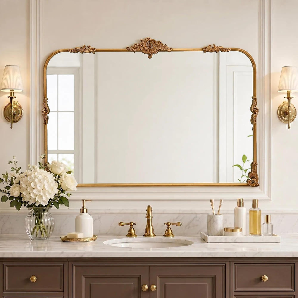 Large Gold Arched Mirror: 48"x33" Baroque Vintage Wall Mirror