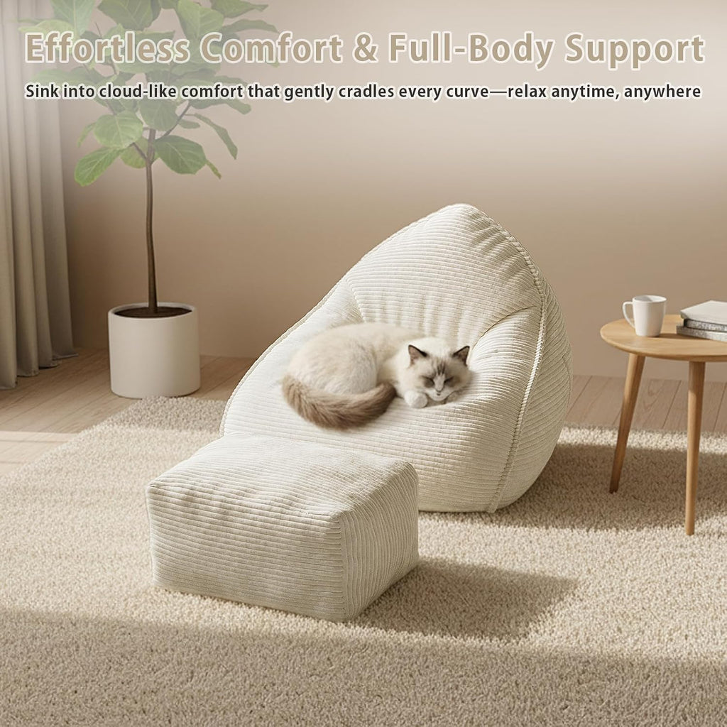 Bean Bag Chair with Ottoman, Bean Bag Sofa,Accent Chairs,Corduroy Fabric, Comfortable Reading Chairs for Living Room, Bedroom, Reading Nook,Modern Lounge Reclining Chair with Footrest (WHITE, Medium)