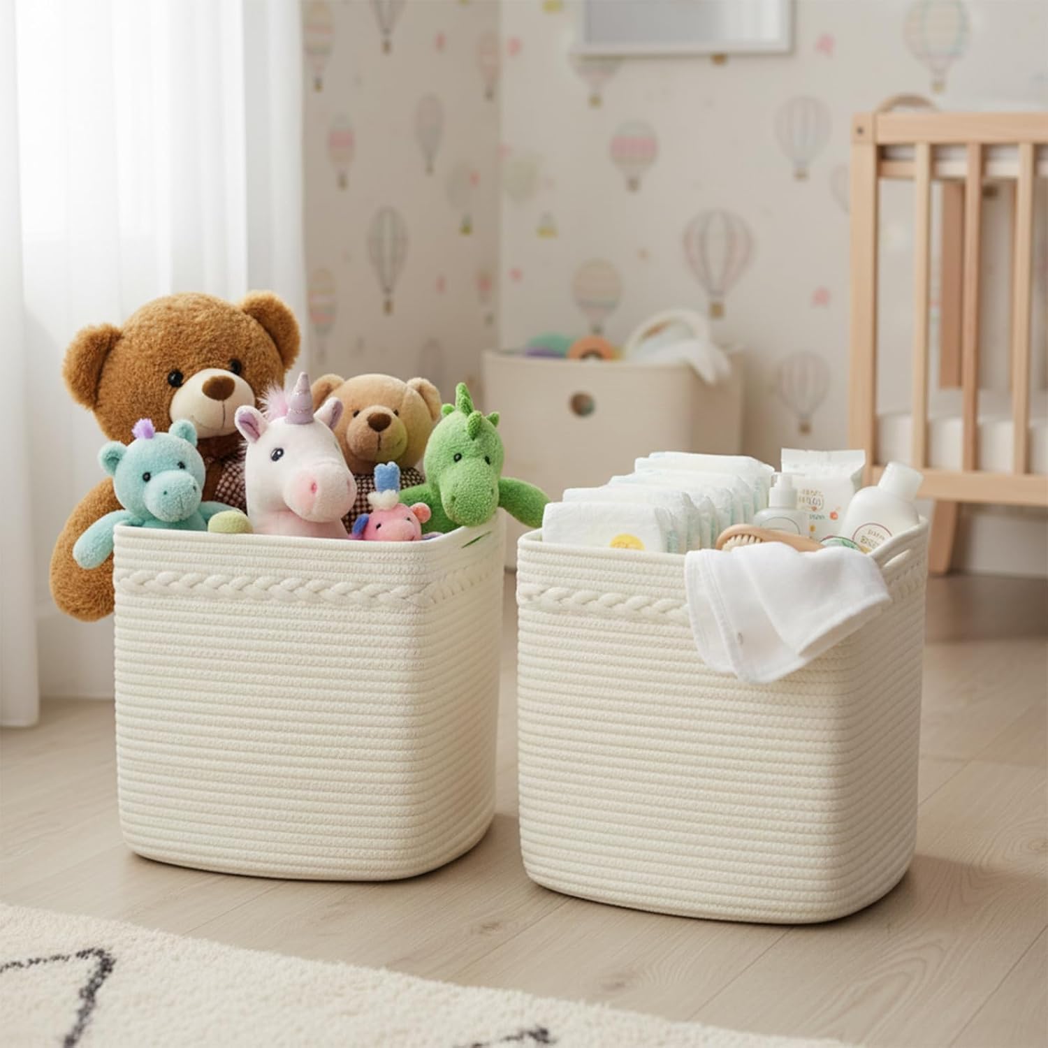 13 Inch Cube Storage Baskets, 3-Pack Woven Fabric Organizer Bins, 13"x13" Square Baskets for Cube Storage for Shelves, Baby Nursery, Closet Organizer, White