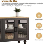 Ball & Cast Farmhouse TV Stand with Tempered Glass Doors for TVs up to 70",Sideboard Buffet w/5 Solid Wood Gourd-Shaped Legs & Adjustable Shelf,Entertainment Center for Living Room,Black+Natural