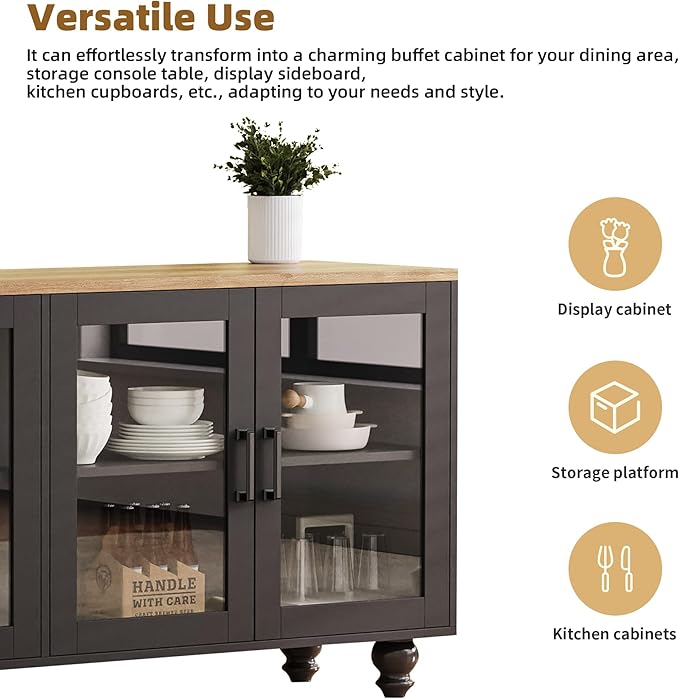 Farmhouse TV Stand with Bookshelves & Tempered Glass Doors, Entertainment Center with Adjustable Shelves for TVs up to 70'', Media Console with Solid Wood Gourd-Shaped Legs, Black